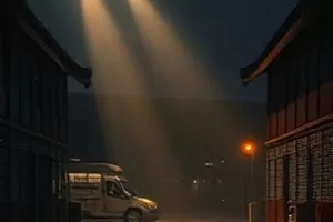 第七次日落中写字楼玻璃幕墙前的三人剪影